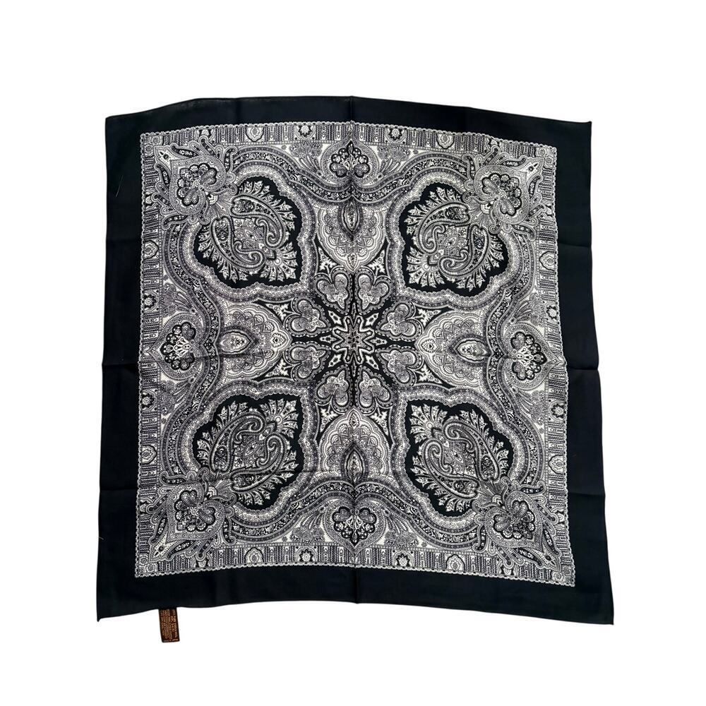 Vintage 100% Pure Virgin Wool Black Ivory Paisley Bandana Scarf Made in Japan